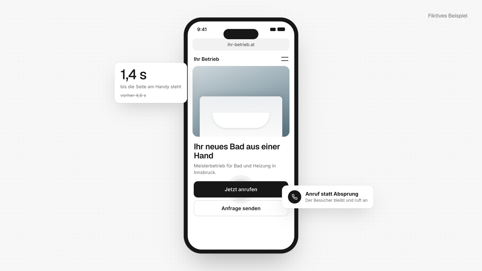 Fiktives Beispiel: Die Website eines Handwerksbetriebs steht am Handy nach 1,4 statt vorher 4,6 Sekunden, der Besucher tippt auf „Jetzt anrufen“